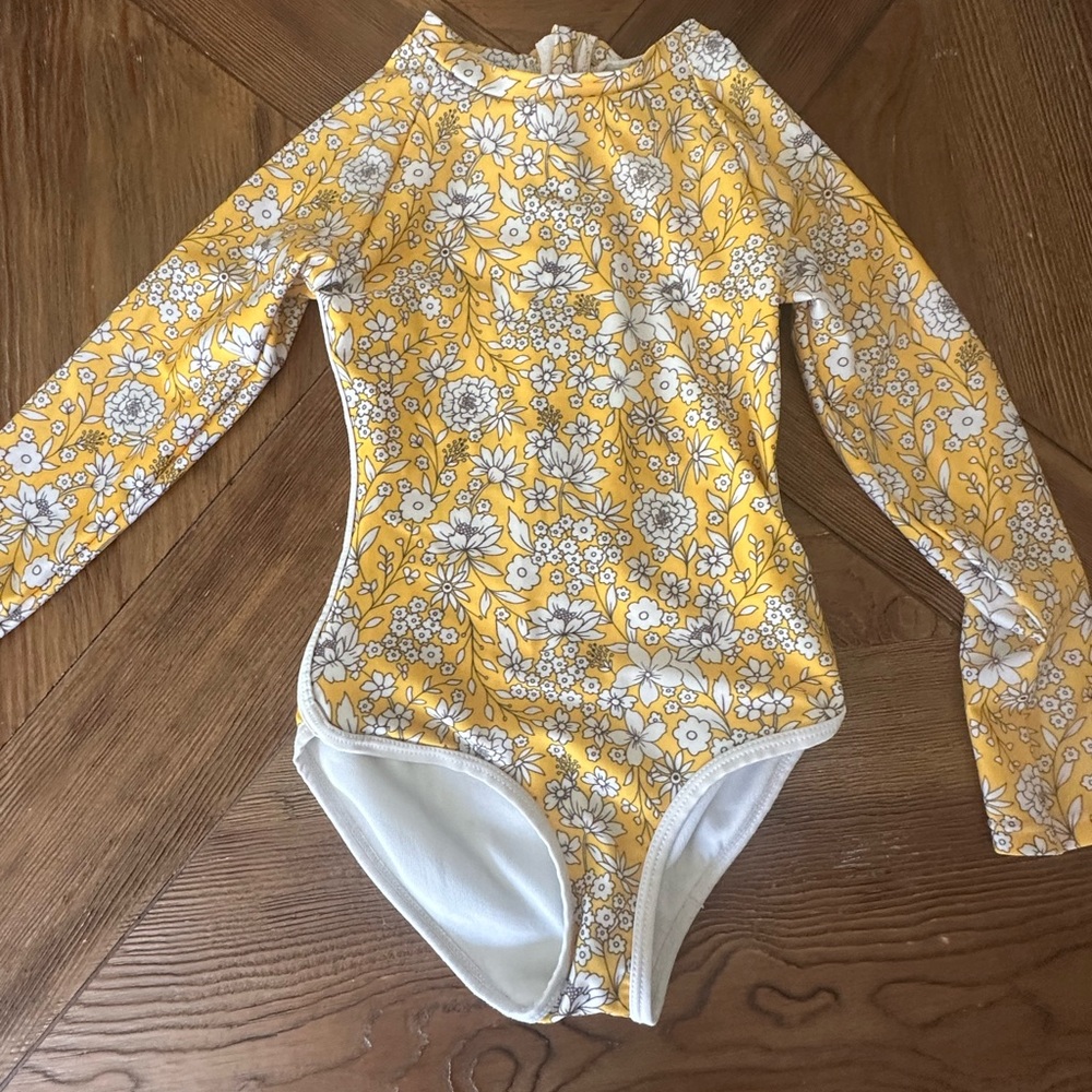 Floral Yellow and White Long Sleeve Swimsuit